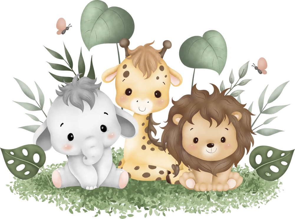 Baby Animals on Grass with Tropical Leaves